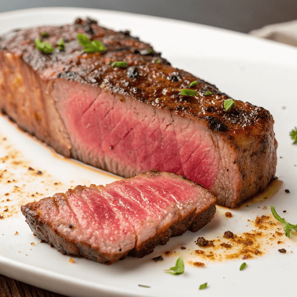 A perfectly cooked New York Strip Steak, sliced to reveal a juicy medium-rare interior with a caramelized crust, garnished with fresh herbs and spices on a white plate.