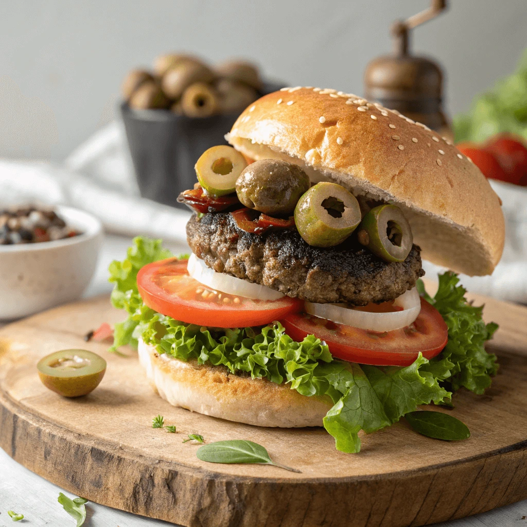 A gourmet burger served on a wooden cutting board, featuring a juicy beef patty topped with fresh lettuce, ripe tomato slices, crisp onions, and tangy green olives. The burger is nestled in a sesame seed bun, garnished with additional greens and spices.