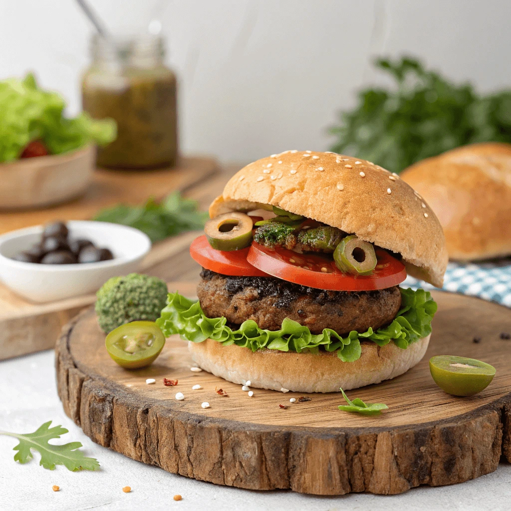 A classic burger served on a wooden cutting board, featuring a juicy beef patty topped with fresh lettuce, ripe tomato slices, and green olives. The burger is nestled in a sesame seed bun, surrounded by scattered spices and garnished with additional greens and jalapeño slices.