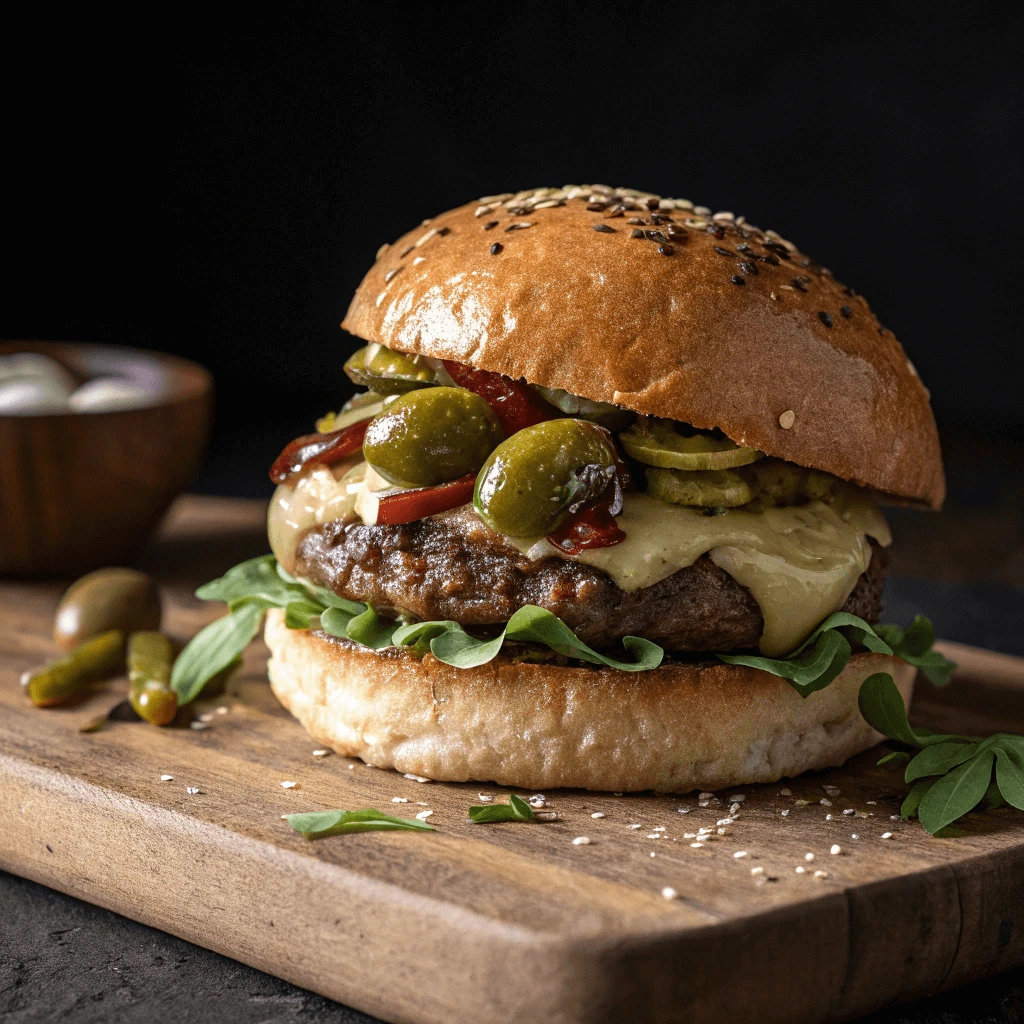 A mouthwatering olive burger served on a wooden cutting board, featuring a juicy beef patty topped with creamy avocado sauce, fresh arugula, tangy pickled olives, and crispy bacon. The burger is nestled in a sesame seed bun, garnished with additional greens and seeds.