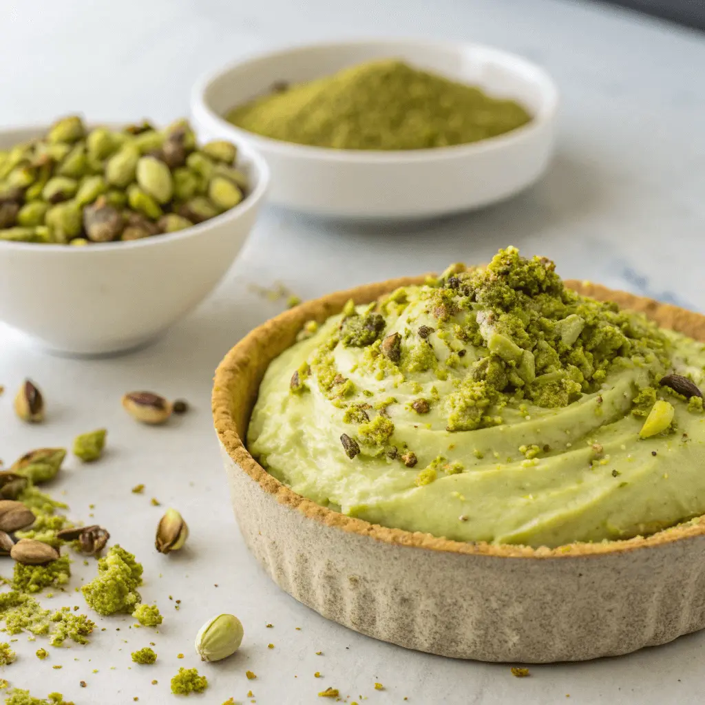 A pistachio tart with a creamy green filling, topped with crushed pistachios and pistachio powder, surrounded by bowls of whole pistachios and ground pistachio powder.