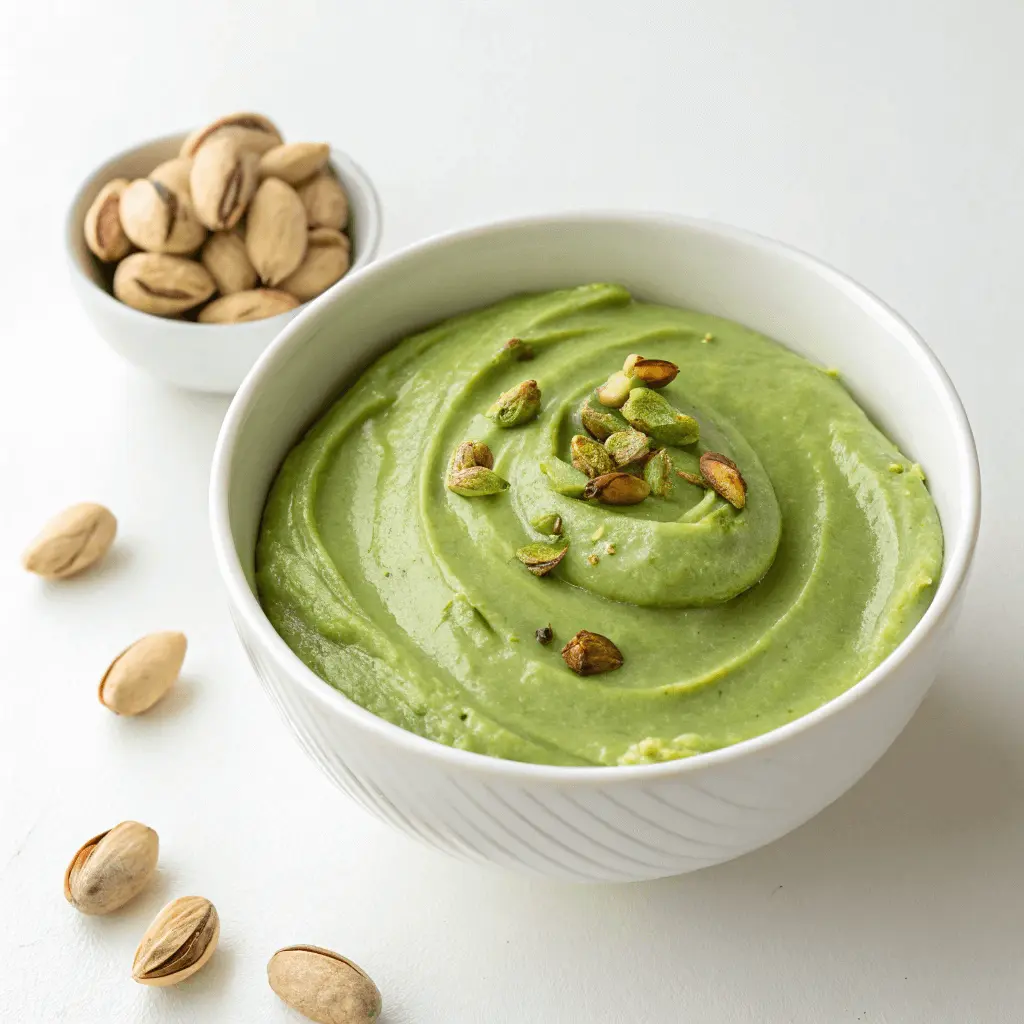 A creamy green pistachio dip or spread in a white bowl, garnished with crushed pistachios and whole pistachios scattered around.
