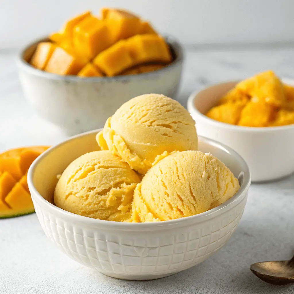 Three scoops of creamy mango ice cream in a white bowl, surrounded by fresh mango slices and a small bowl of mashed mango.