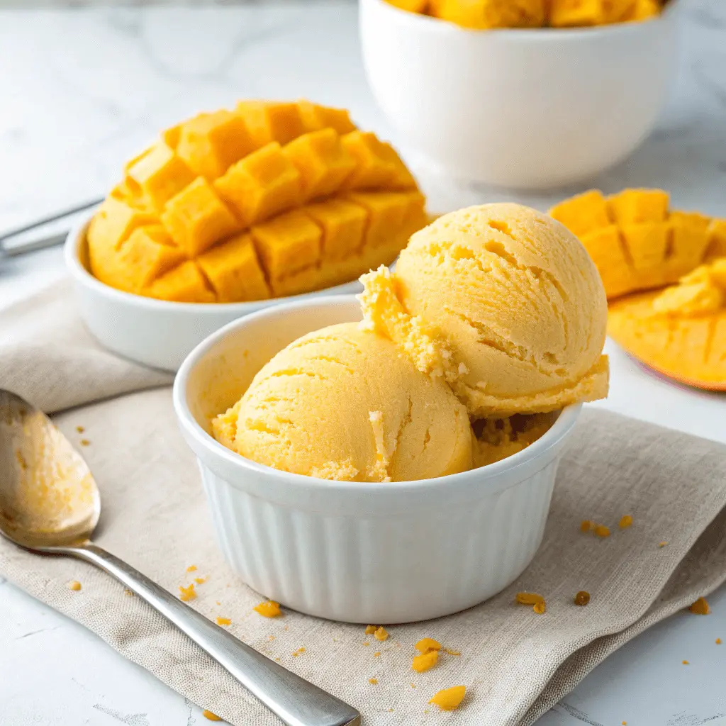Two scoops of creamy mango ice cream in a white bowl, surrounded by fresh mango slices and a spoon.