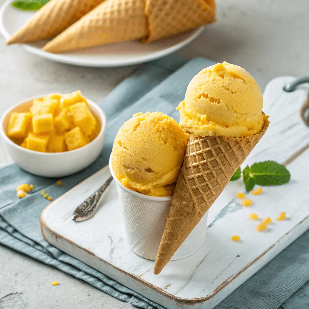 Two scoops of vibrant yellow mango ice cream served in a waffle cone, placed on a white tray with fresh mango chunks and mint leaves.