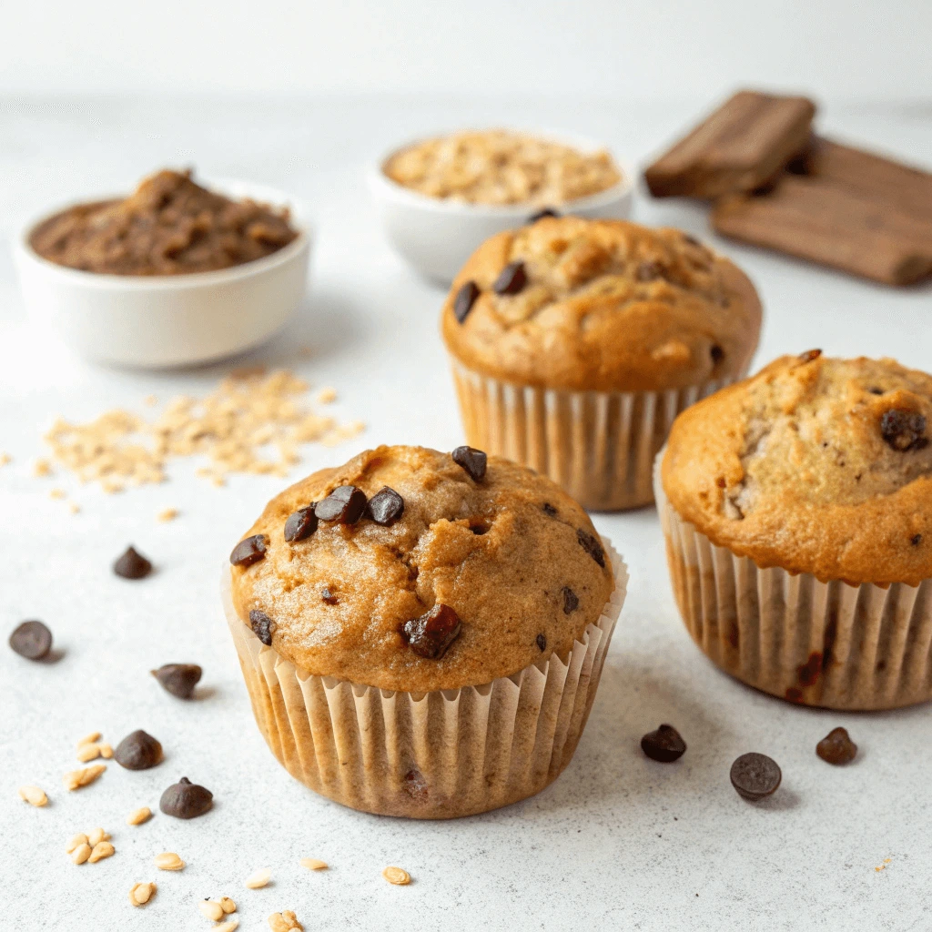 Delicious protein muffins topped with chocolate chips, surrounded by oats and peanut butter.