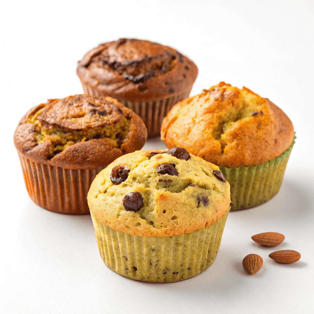 Assorted protein muffins in vibrant colors, topped with chocolate chips and nuts.