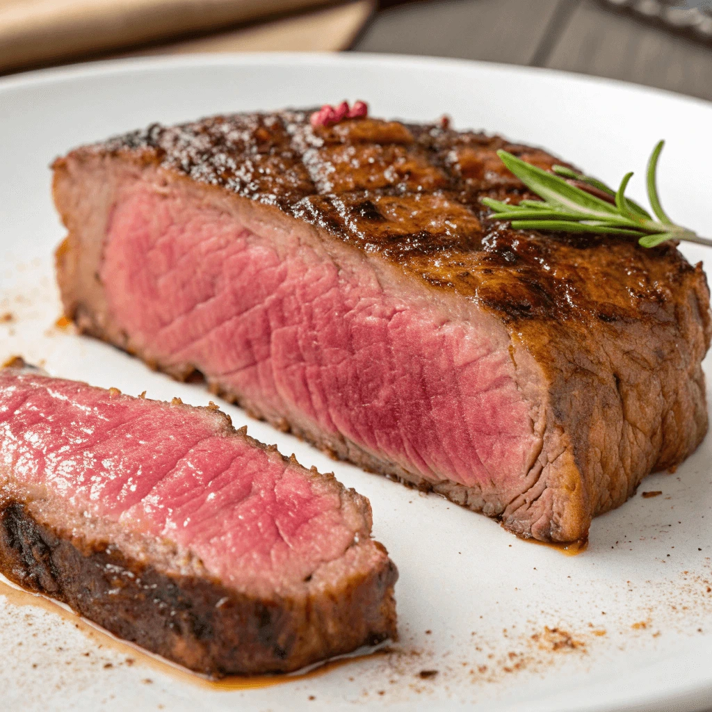A perfectly cooked medium-rare steak with a caramelized crust, sliced to reveal its juicy pink interior, garnished with fresh rosemary and a touch of red berry.