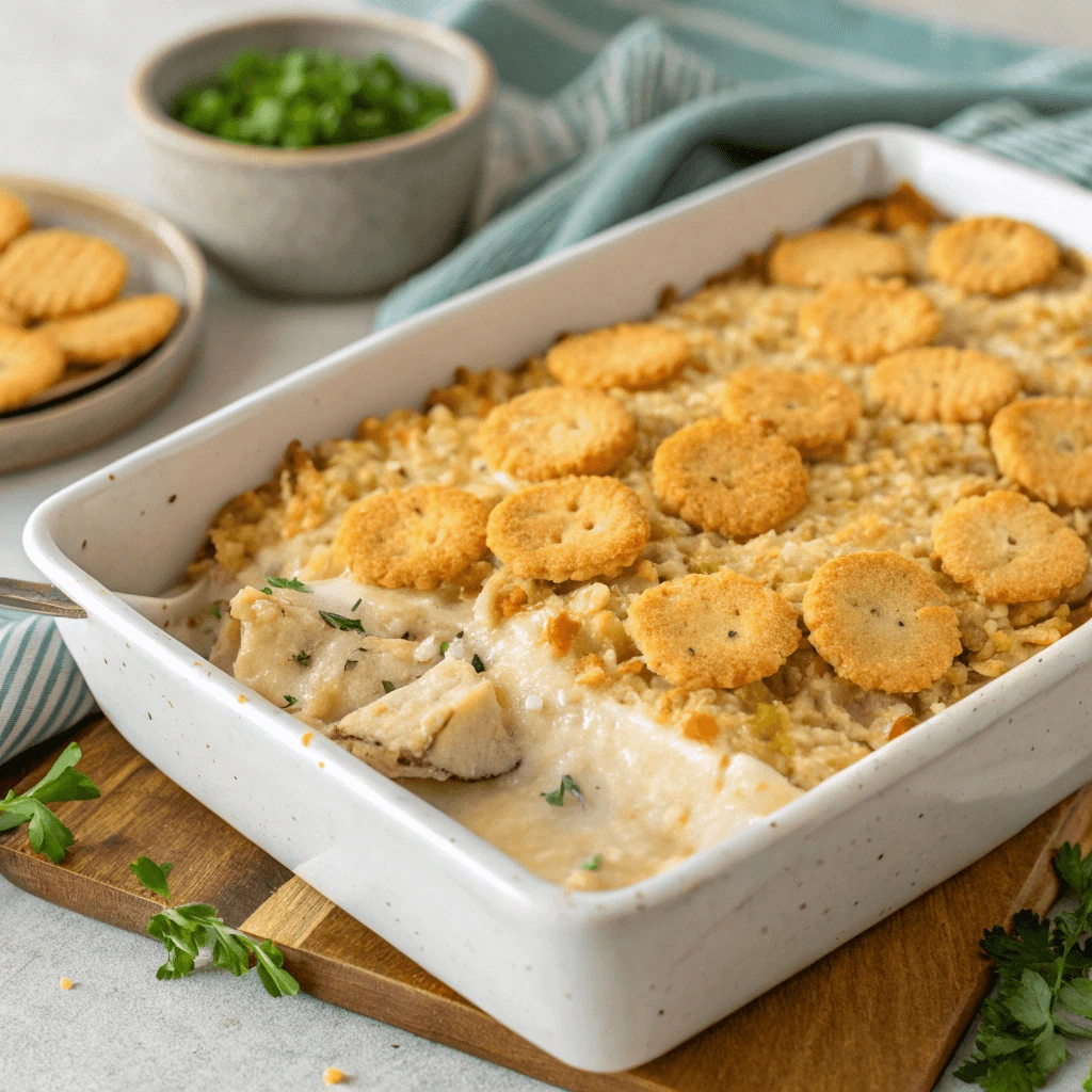 Freshly baked Ritz Cracker Chicken Casserole in a white dish topped with round golden crackers and creamy chicken filling