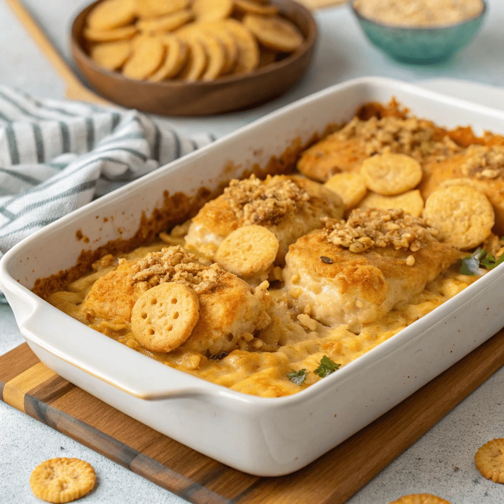 A rectangular white baking dish filled with a creamy, golden-brown baked dip topped with crackers and breadcrumbs. The dish is placed on a wooden cutting board, surrounded by additional crackers in a wooden bowl and a small blue bowl of seasoning.