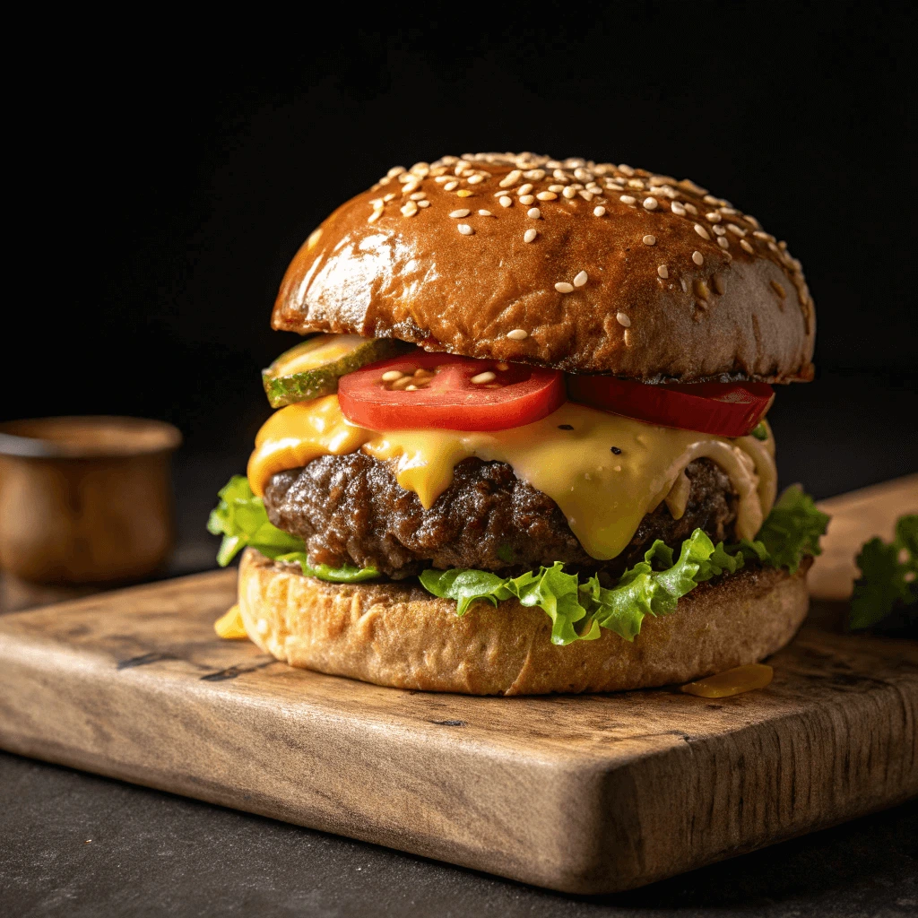 A classic cheeseburger with a juicy beef patty, melted cheese, fresh lettuce, ripe tomato slices, and crisp pickles, served on a toasted sesame seed bun.