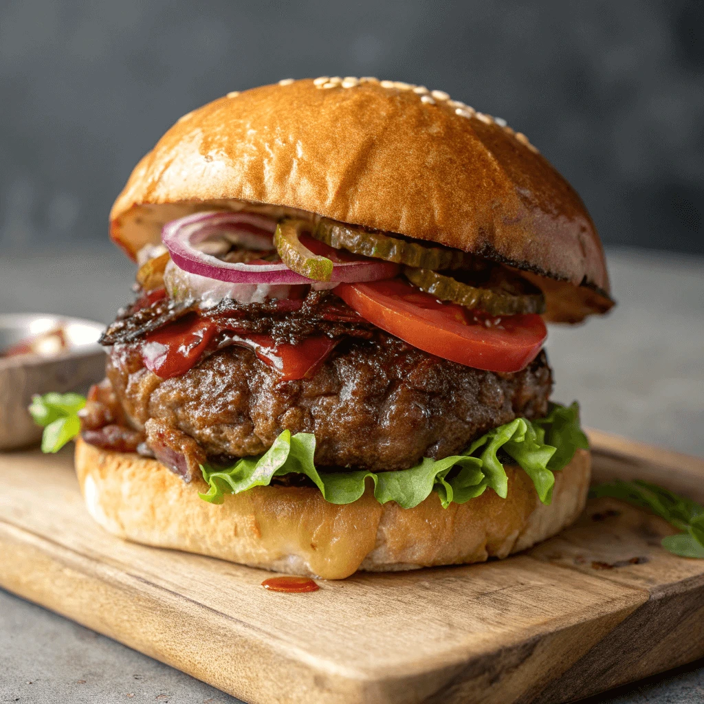 A mouthwatering Wagyu burger topped with fresh lettuce, juicy tomato slices, crispy bacon, tangy pickles, and red onion, served on a toasted sesame seed bun.