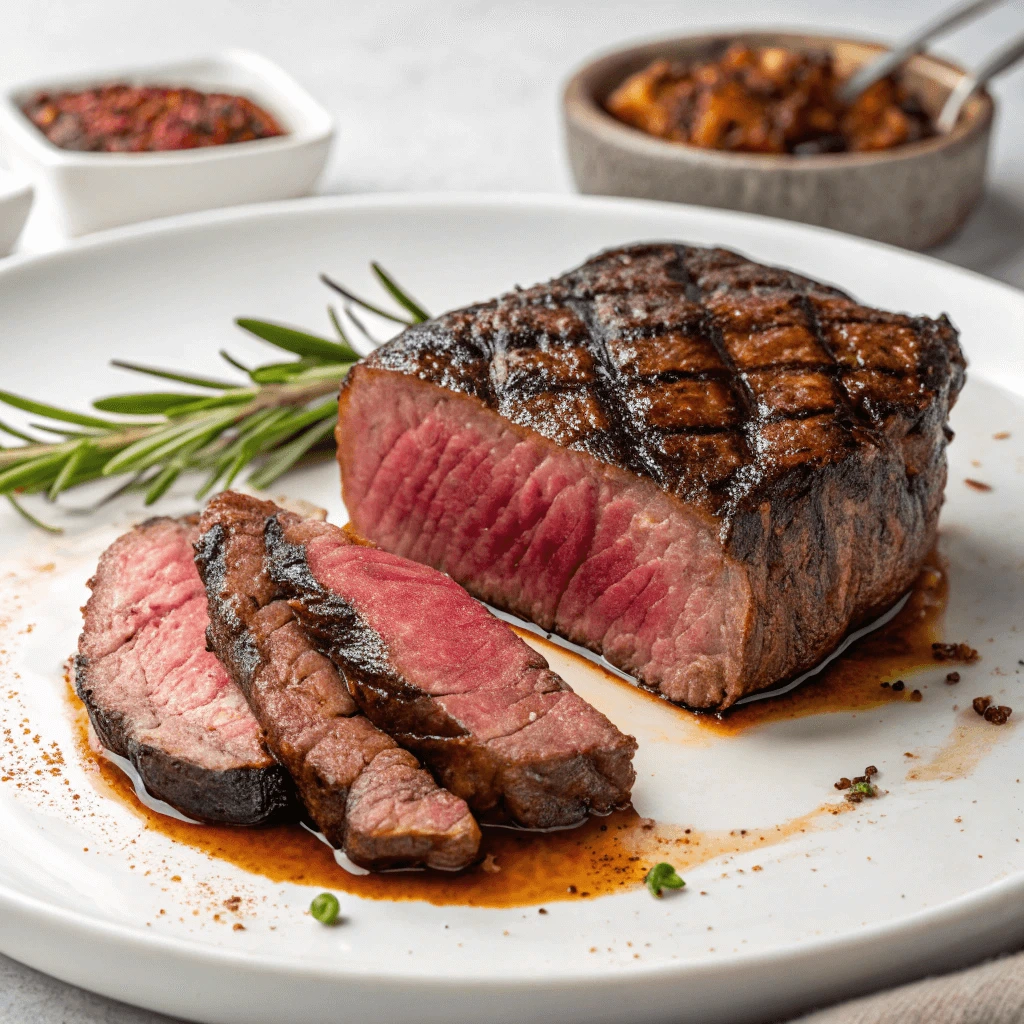Medium-rare grilled steak with sear marks, sliced on a white plate with rosemary sprigs and side dishes in the background.