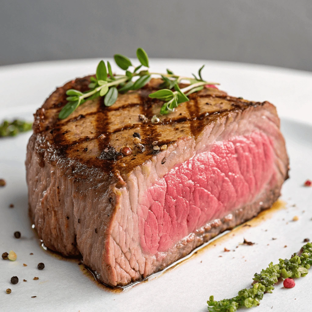 Medium-rare grilled steak with sear marks and thyme garnish on a white plate.