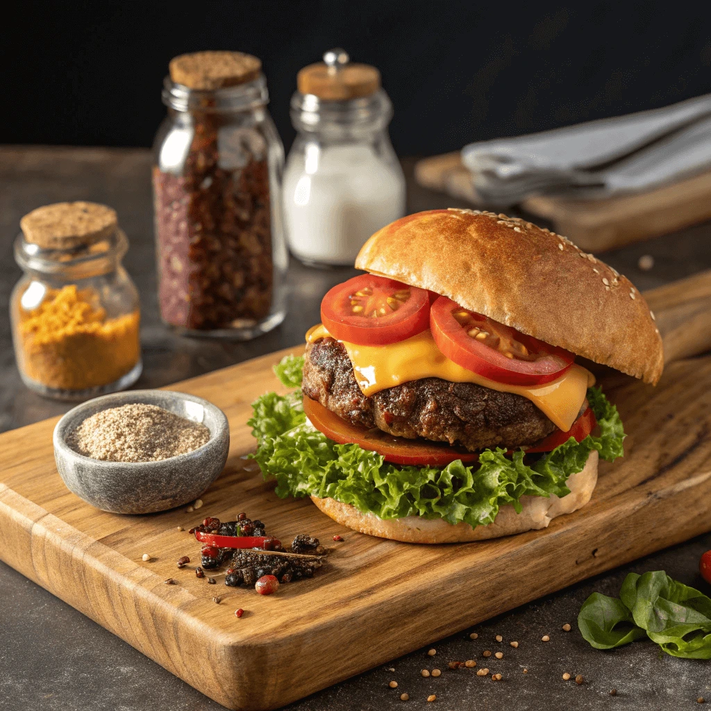 A gourmet cheeseburger with a perfectly grilled beef patty, melted cheddar cheese, fresh lettuce, juicy tomato slices, and a sesame seed bun, served on a wooden cutting board surrounded by spices and herbs.