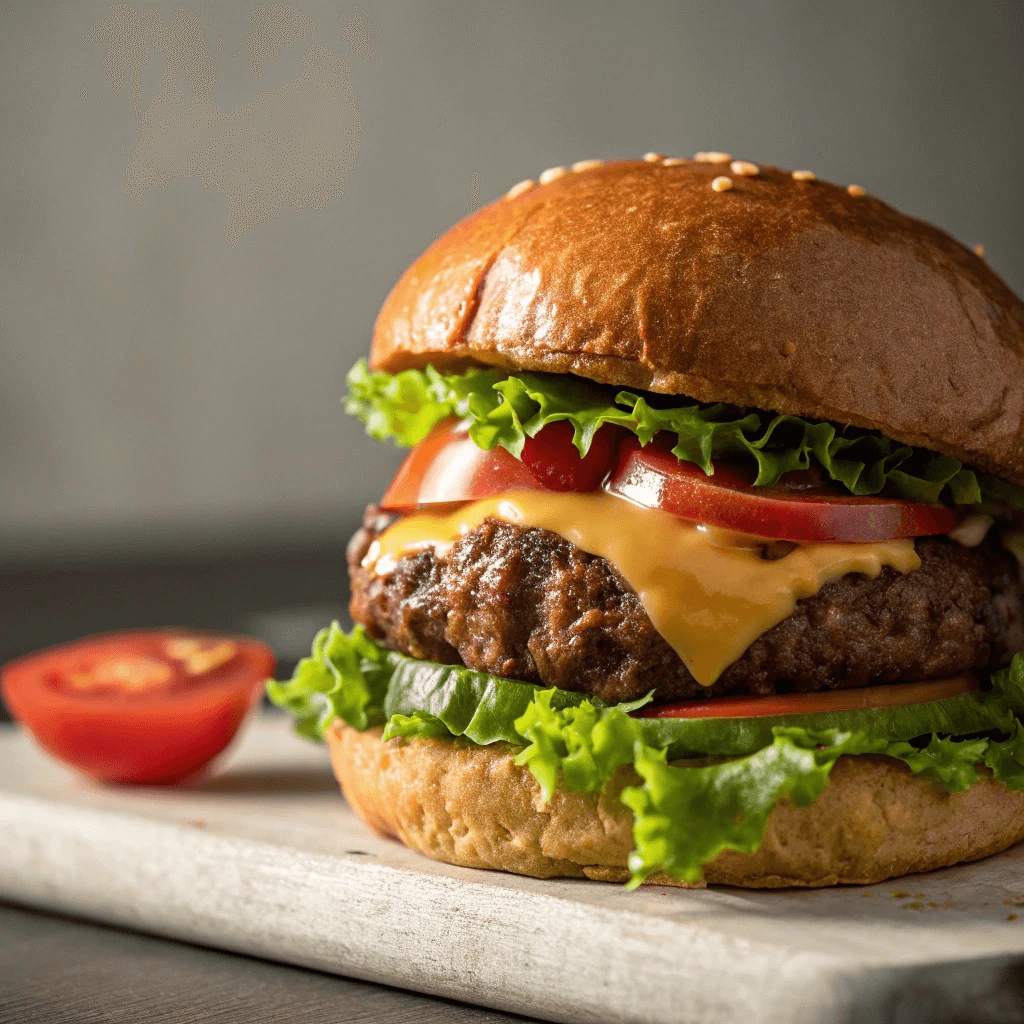 A mouthwatering cheeseburger with a perfectly grilled beef patty, melted cheddar cheese, fresh lettuce, juicy tomato slices, and a sesame seed bun, served on a rustic wooden board.