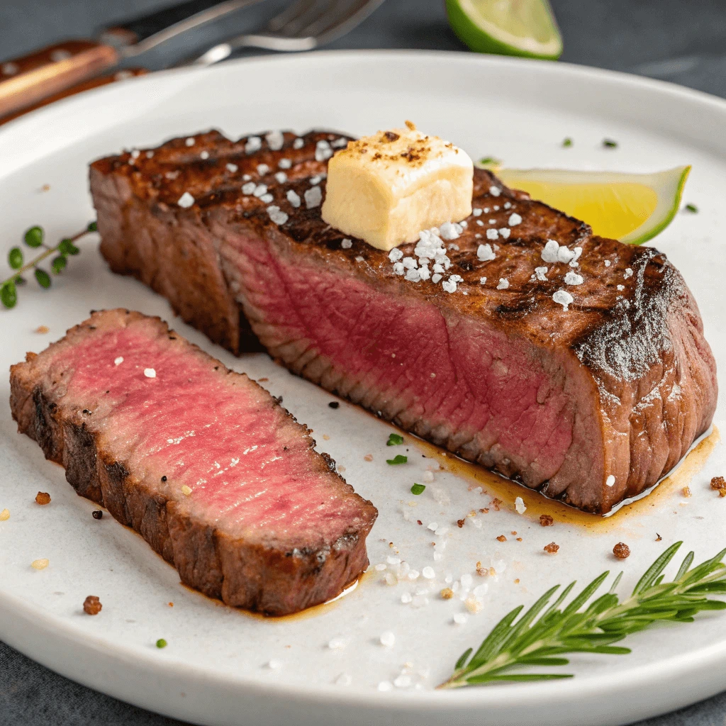 A perfectly cooked medium-rare steak, sliced and served on a white plate. The steak is topped with a pat of butter and garnished with herbs and a lime wedge, showcasing its juicy interior and charred exterior.