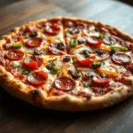 A mouthwatering supreme pizza topped with pepperoni, mushrooms, green peppers, onions, and melted cheese on a golden-brown crust.