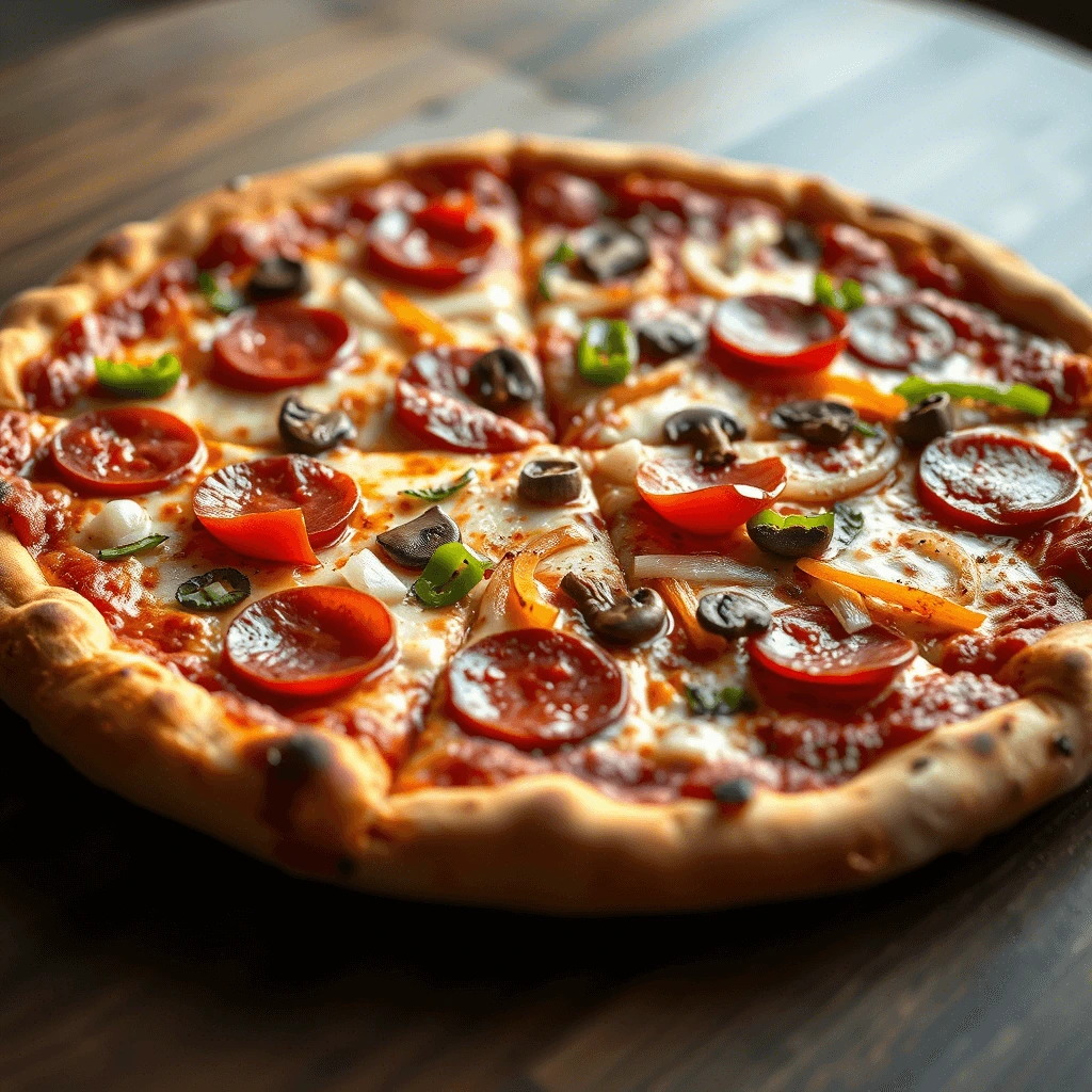 A mouthwatering supreme pizza topped with pepperoni, mushrooms, green peppers, onions, and melted cheese on a golden-brown crust.
