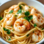 Shrimp pasta with linguine, garnished with fresh parsley in a white bowl — one of the easiest and most elegant Sunday dinner ideas.