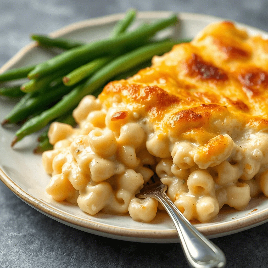 Baked macaroni and cheese with green beans on a plate — a classic comfort meal that tops the list of easy Sunday dinner ideas.