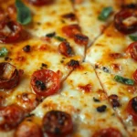 Close-up of a freshly baked halal pizza with melted cheese, cherry tomatoes, and green pepper slices.