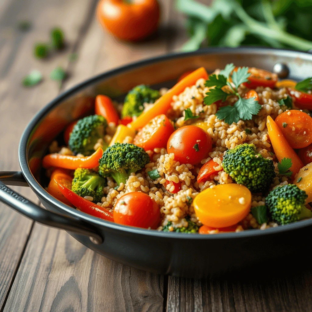 Colorful gluten free stir-fry with quinoa, broccoli, cherry tomatoes, and bell peppers in a skillet.