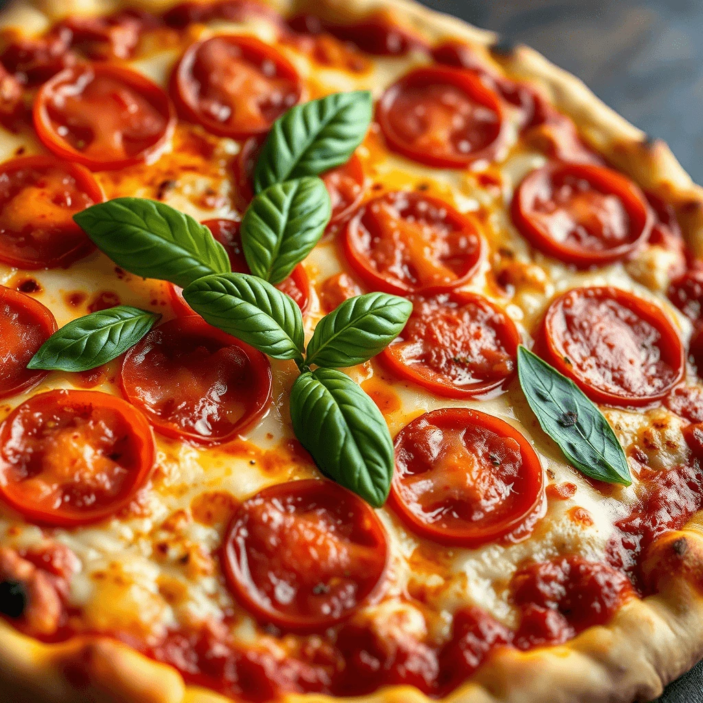A close-up of a supreme pizza topped with melted cheese, pepperoni slices, fresh tomato slices, and garnished with vibrant green basil leaves.