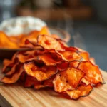 Close-up of homemade spicy chips with a crispy texture and vibrant red seasoning