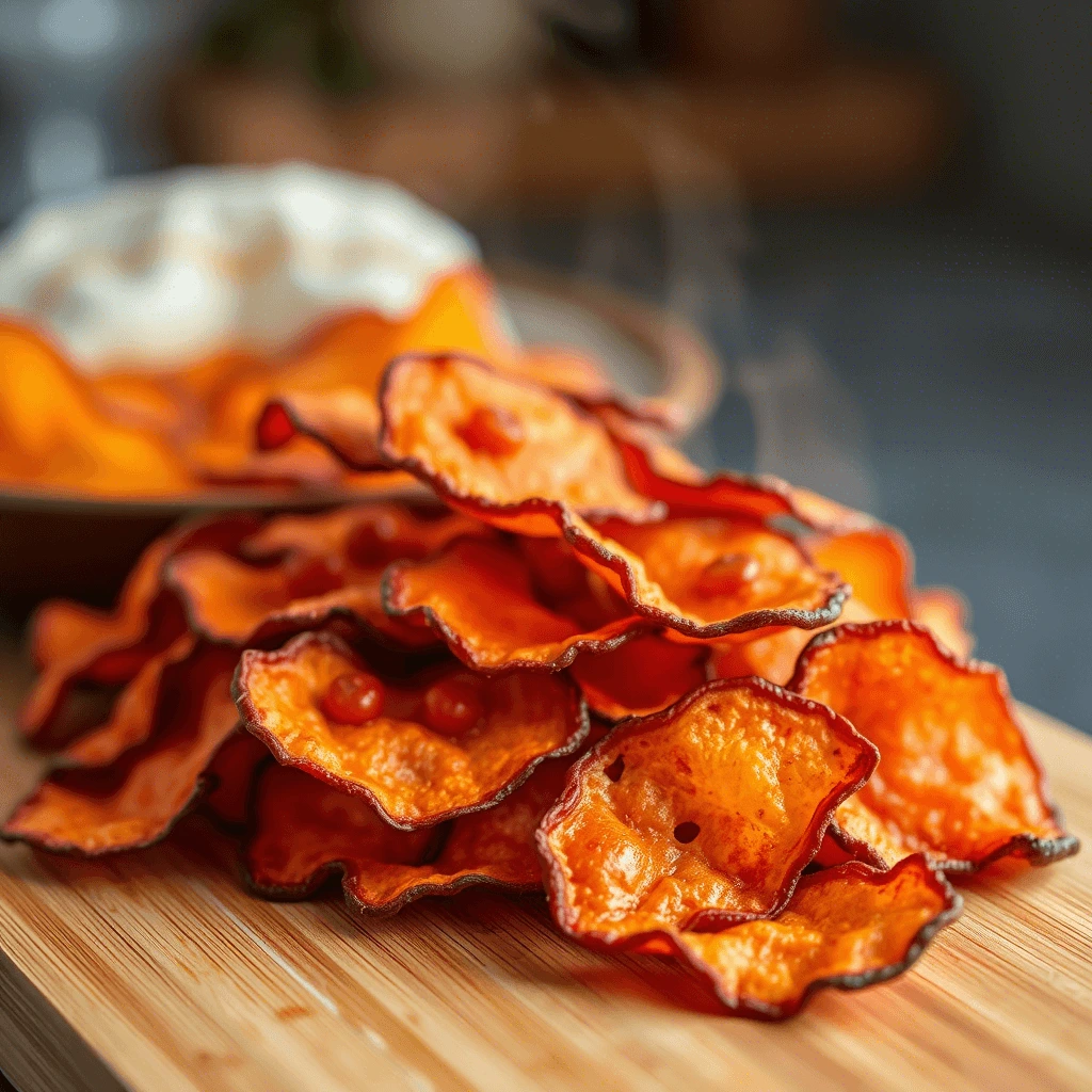 Close-up of homemade spicy chips with a crispy texture and vibrant red seasoning