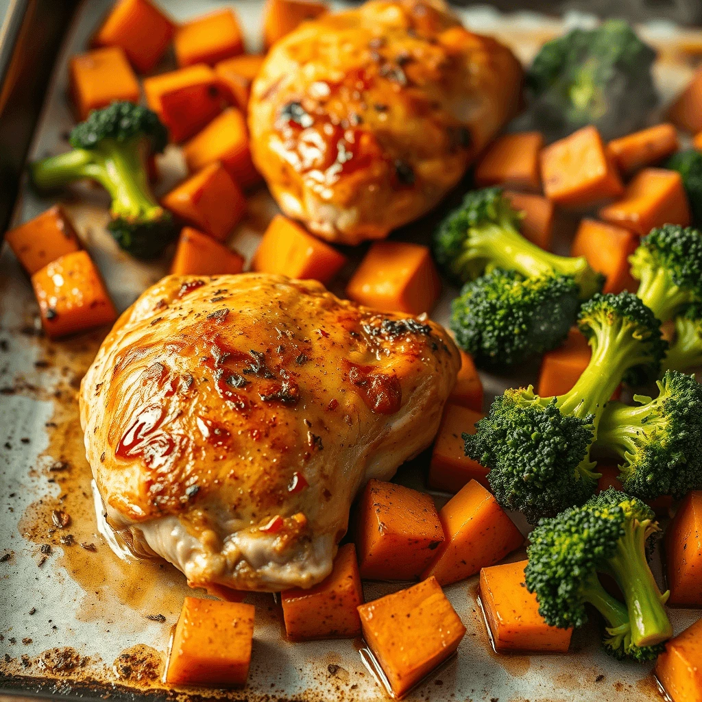 Gluten free sheet pan chicken with roasted sweet potatoes and broccoli.