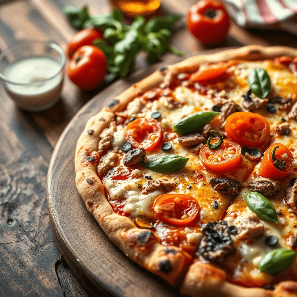 A supreme pizza topped with melted cheese, fresh cherry tomatoes, black olives, mushrooms, and basil leaves, served on a wooden plate with fresh ingredients in the background.