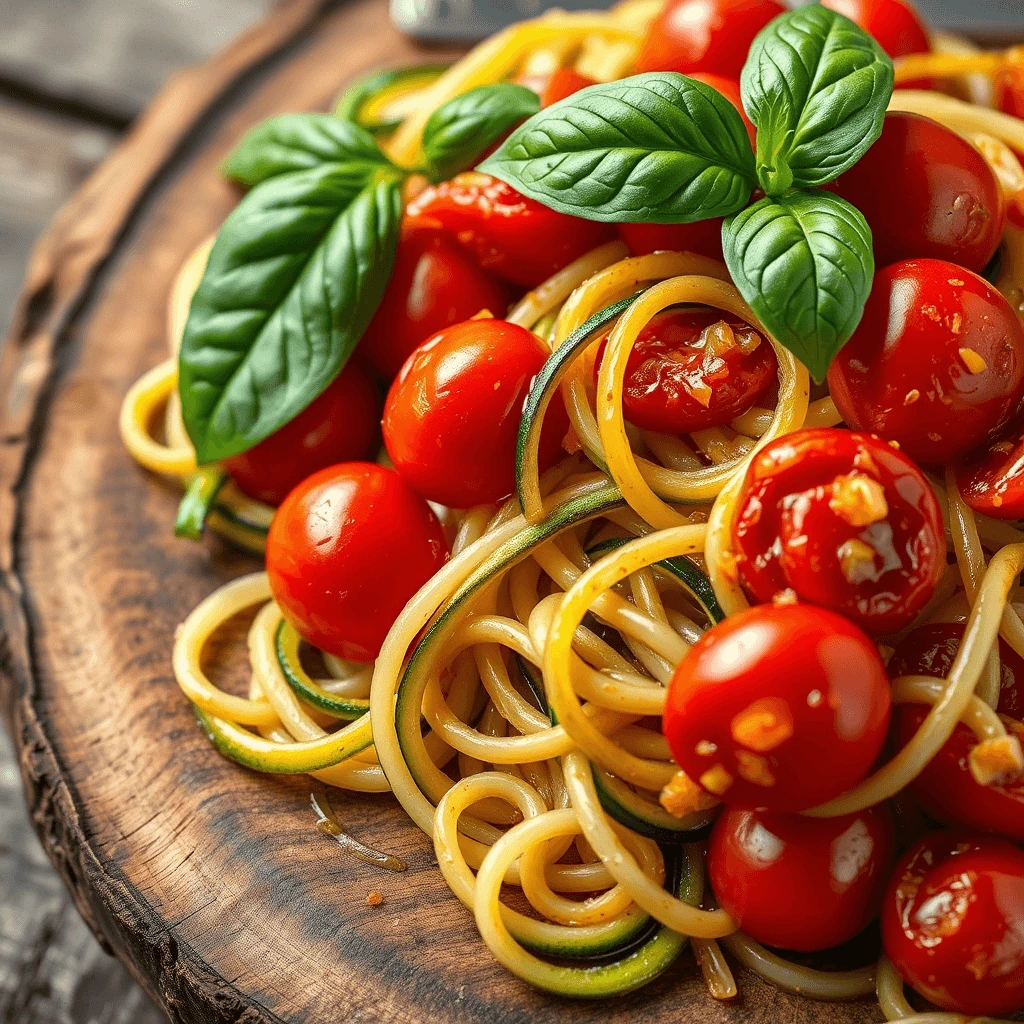 Gluten free zucchini noodles with cherry tomatoes, garlic, and fresh basil on a wooden plate.