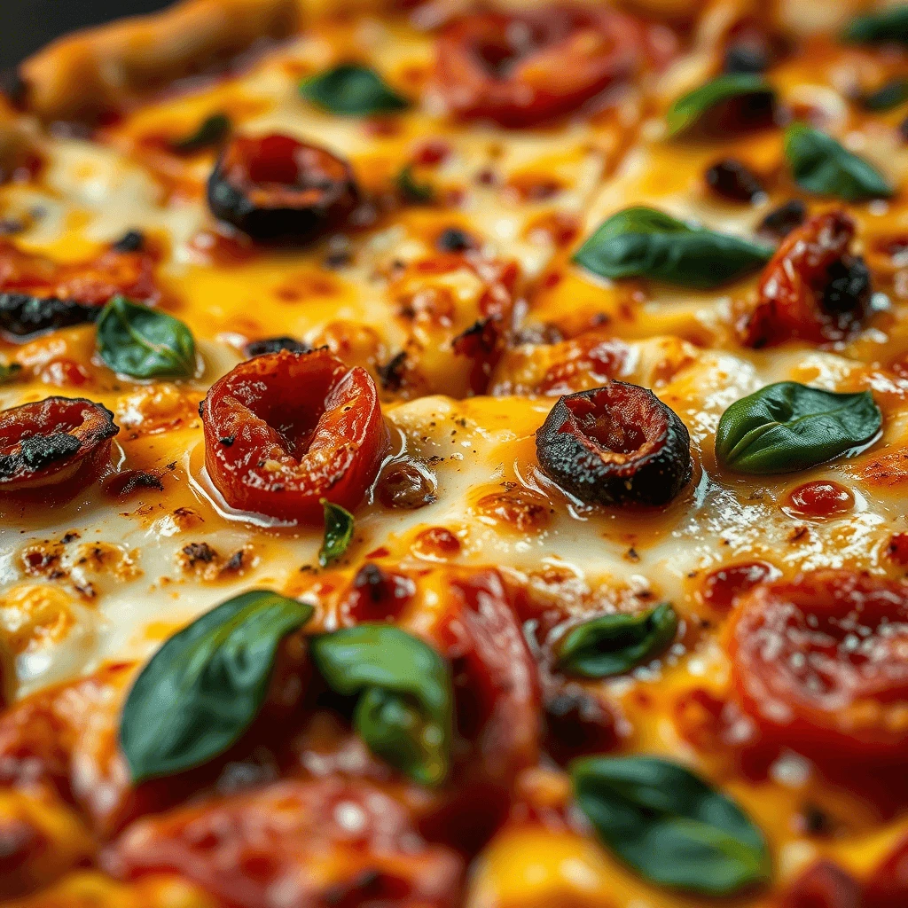 Close-up of a halal pizza topped with melted cheese, roasted cherry tomatoes, black olives, and fresh basil leaves.