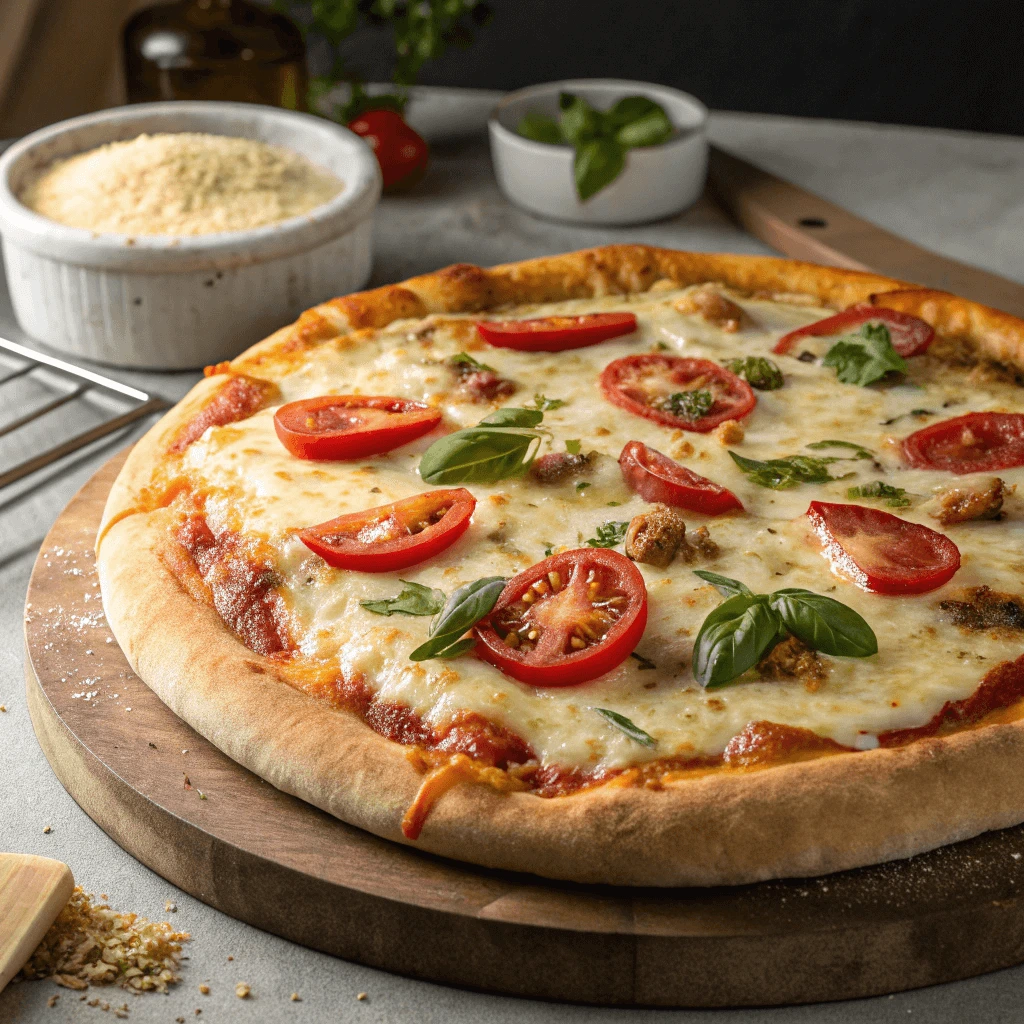 Freshly baked halal pizza topped with tomatoes, mozzarella cheese, basil, and herbs on a wooden board.