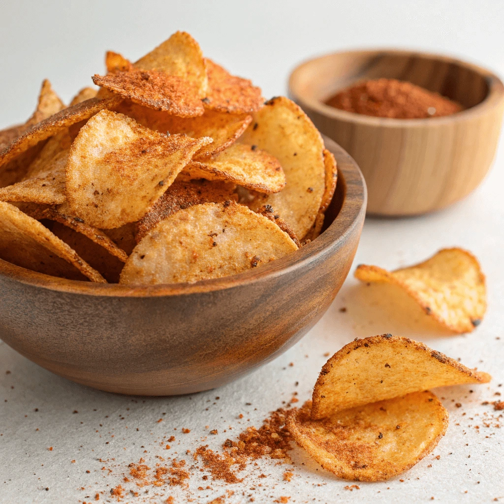 Golden, crispy spicy chips in a wooden bowl with a side of seasoning and scattered crumbs.