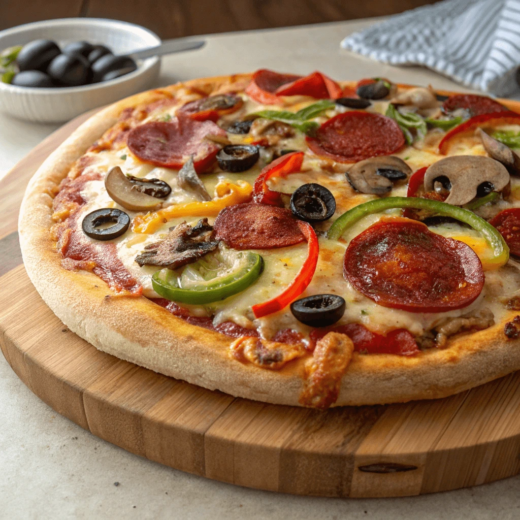A supreme pizza topped with pepperoni, mushrooms, green peppers, black olives, and melted cheese, served on a wooden cutting board with a bowl of additional olives in the background.