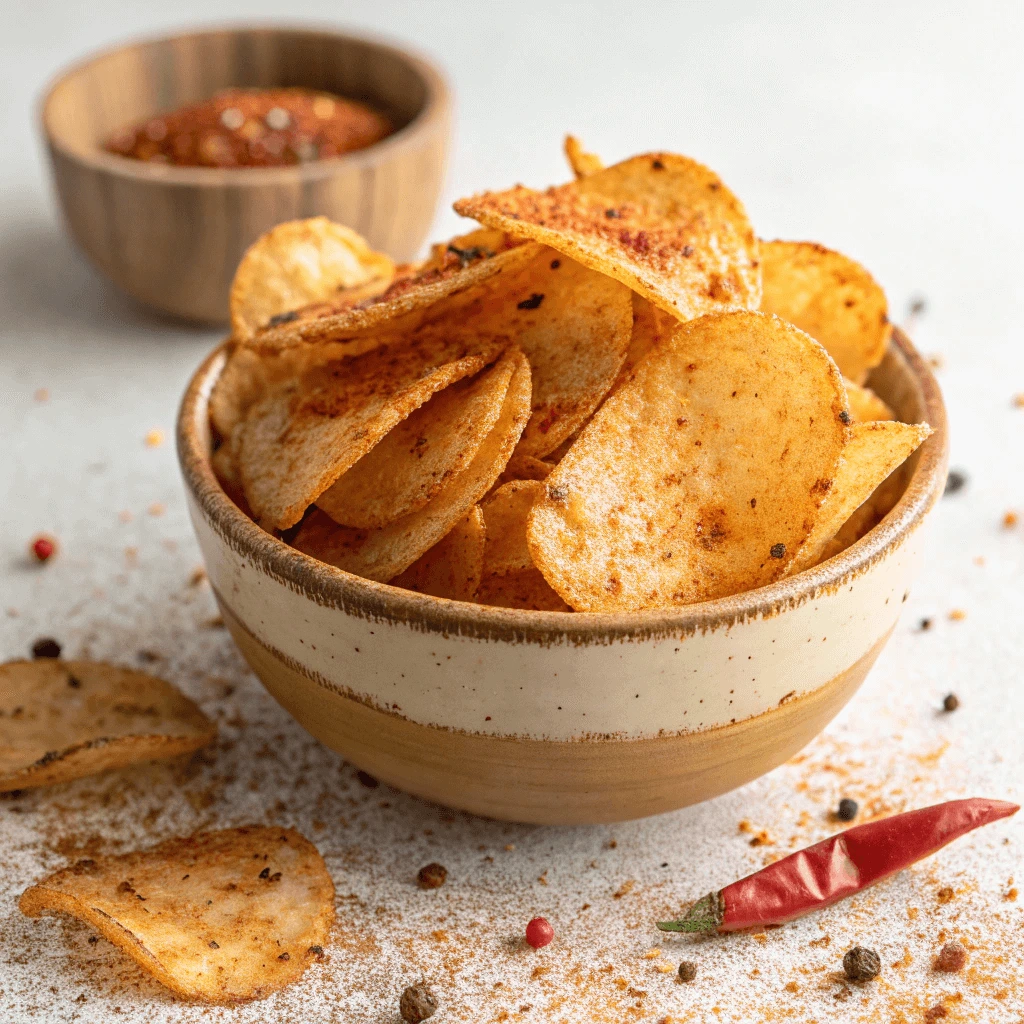 A bowl of crispy spicy chips seasoned with chili and black pepper, surrounded by scattered spices